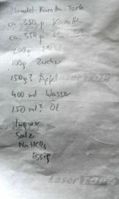 Mandel-Karotten-Torte vegan/ca. 350 g Karotten/ca. 350 g Mandeln/200 g Mehl/100 g Zucker/ca. 150 g Äpfel/ca. 400 ml Wasser/ca. 150 ml Olivenöl/Ingwer/Salz/Natriumbicarbonat (Speisesoda)/Essig/ca. 1 h bei 160 ° C Umluft backen (180 ° C Ober- und Unterhitze), Nadelprobe Mandel-Karotten-Torte vegan/ca. 350 g Karotten/ca. 350 g Mandeln/200 g Mehl/100 g Zucker/ca. 150 g Äpfel/ca. 400 ml Wasser/ca. 150 ml Olivenöl/Ingwer/Salz/Natriumbicarbonat (Speisesoda)/Essig/ca. 1 h bei 160 ° C Umluft backen (180 ° C Ober- und Unterhitze), Nadelprobe